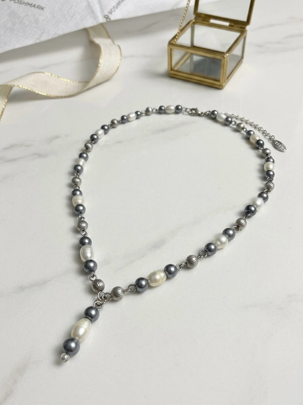 LBVYR Yves Rocher Freshwater Pearls Y Drop Lariat Necklace Silver Tone Vintage